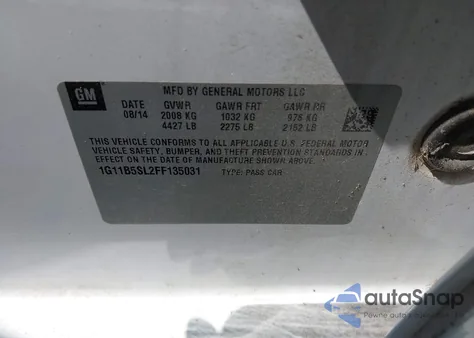 2015 Chevrolet Malibu Ls из США, поврежденный, VIN 1G11B5SL2FF135031